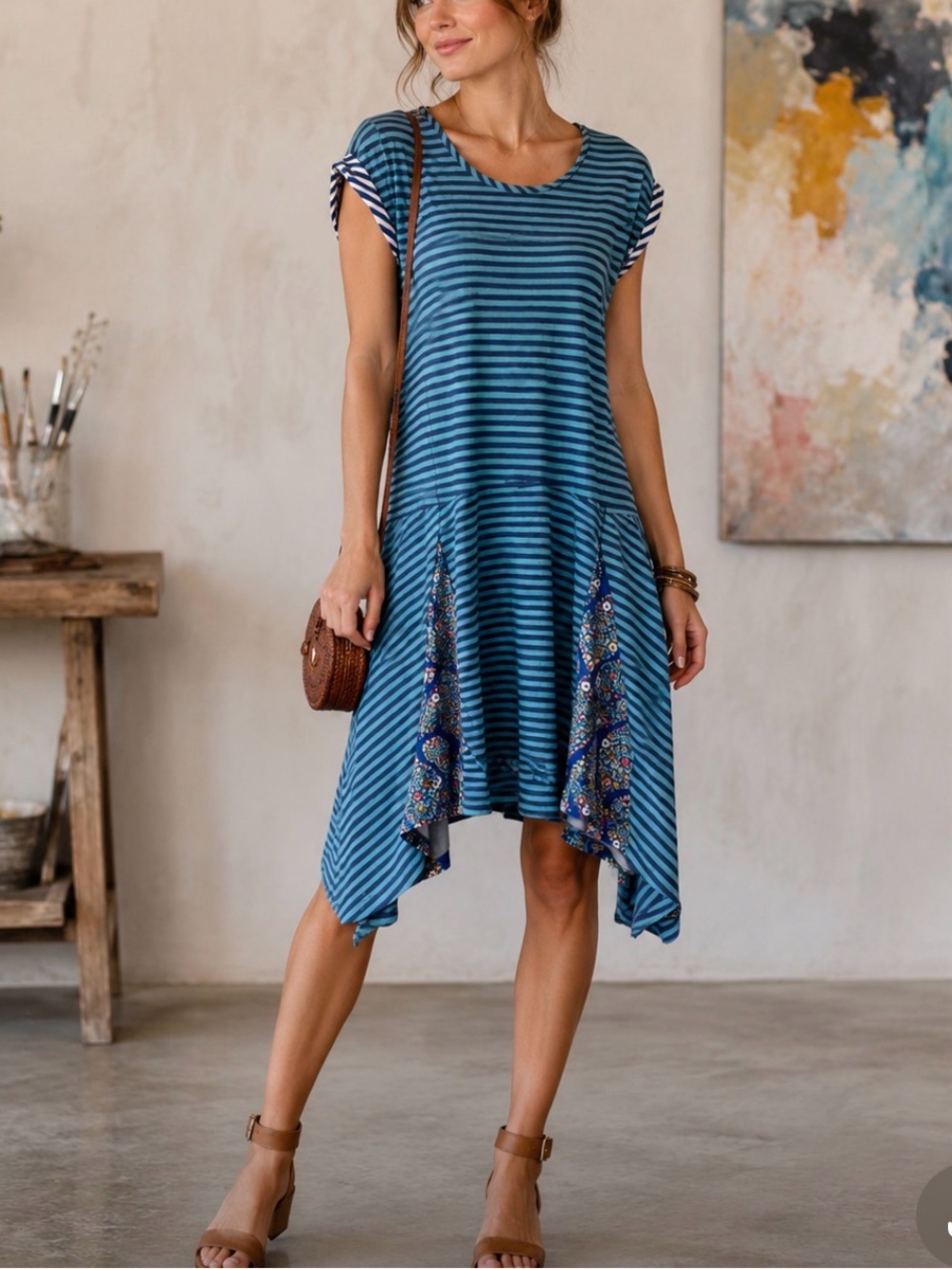 Matilda Jane Blue Striped Midi Dress Floral Panel shark bite hemartdy boho S